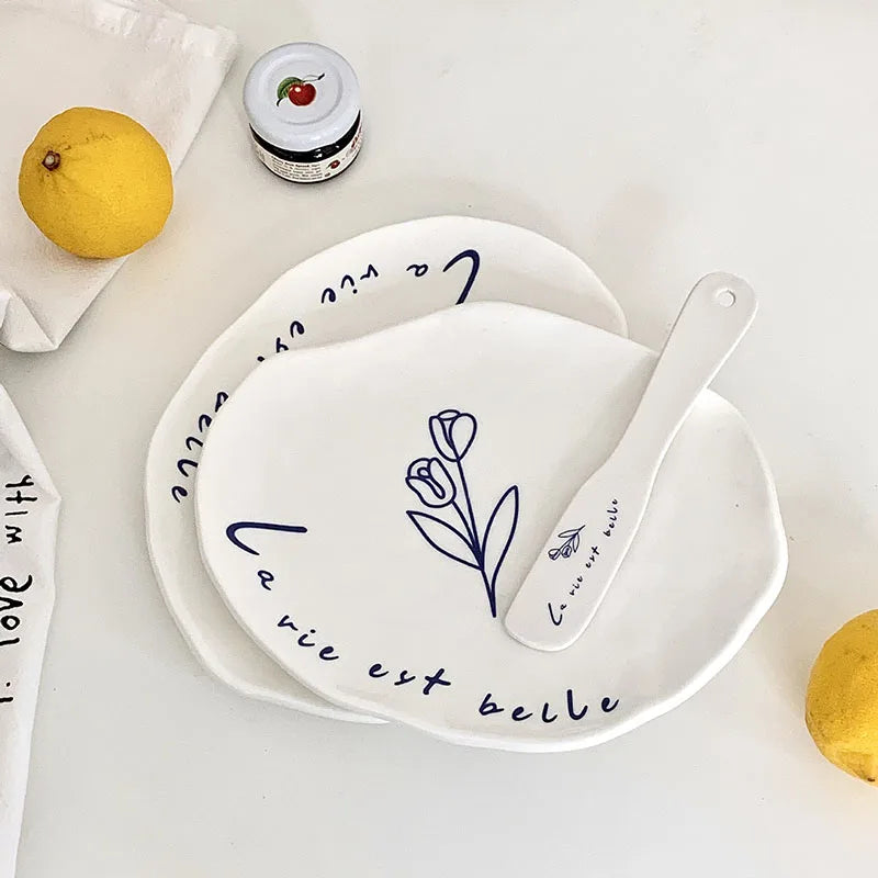 Solhui  Korean Ins Tulip Letter Irregular Ceramic Dessert Cake Plate Butter Spatula