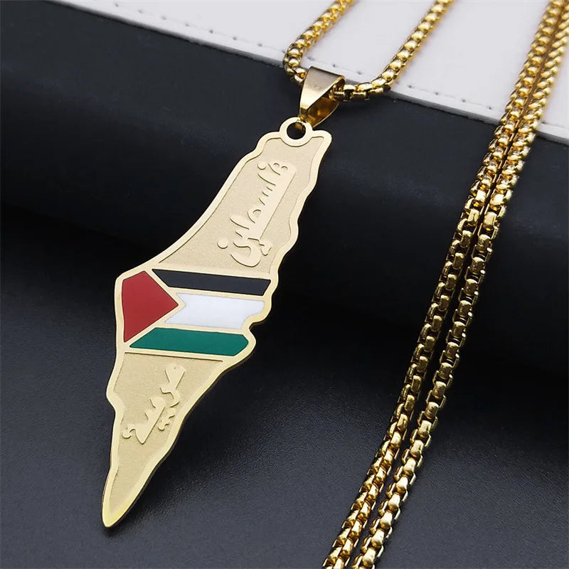 18K Gold Plated Waterproof Stainless Steel Necklace Palestine Map Enamel Pendant Arabic Word Collar Necklaces Jewelry Beads