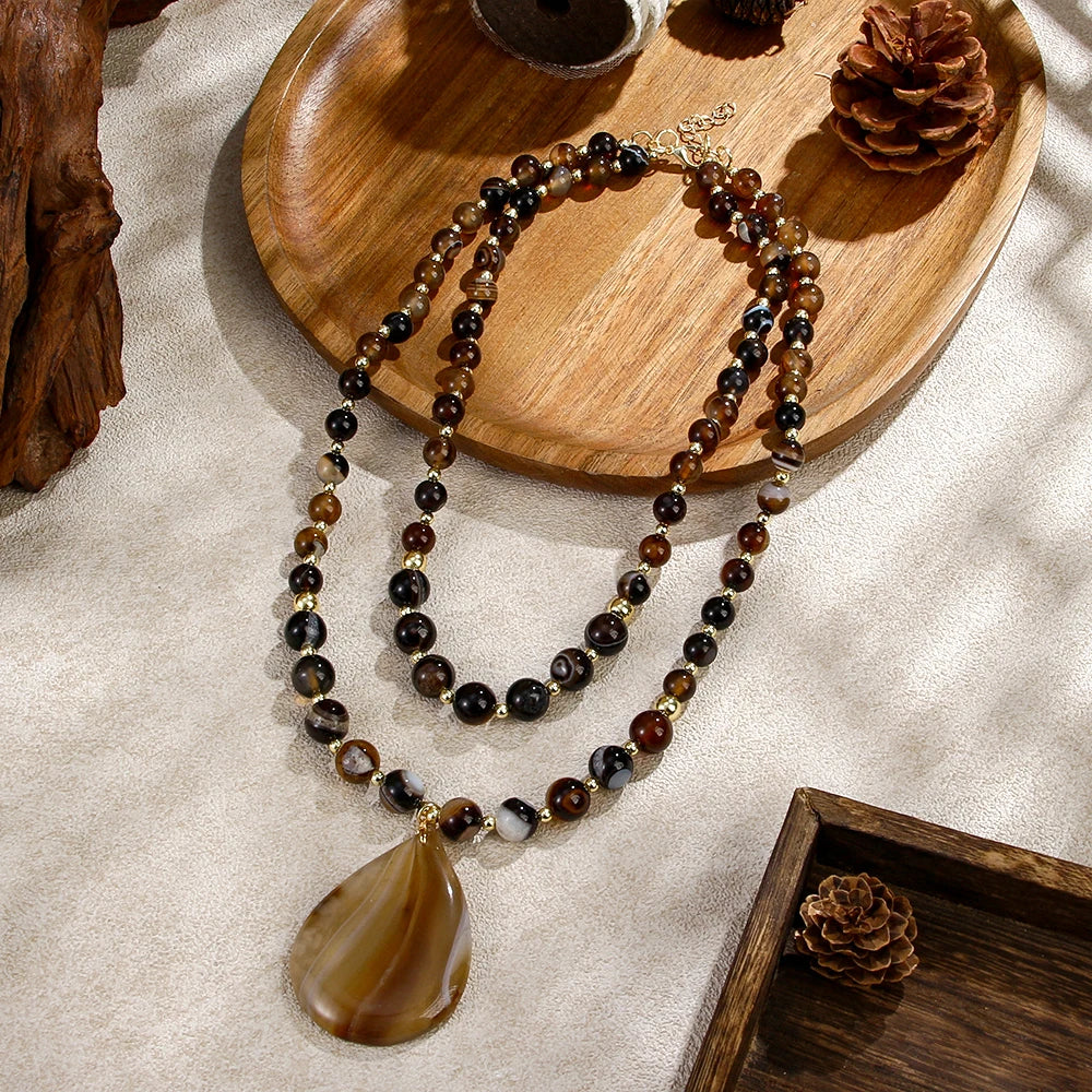 New Bohemian Vacation Style Women's Jewelry 8/10mm Striped Agate Natural Stone Bead 2 Layer Necklace Agate Drop Pendant