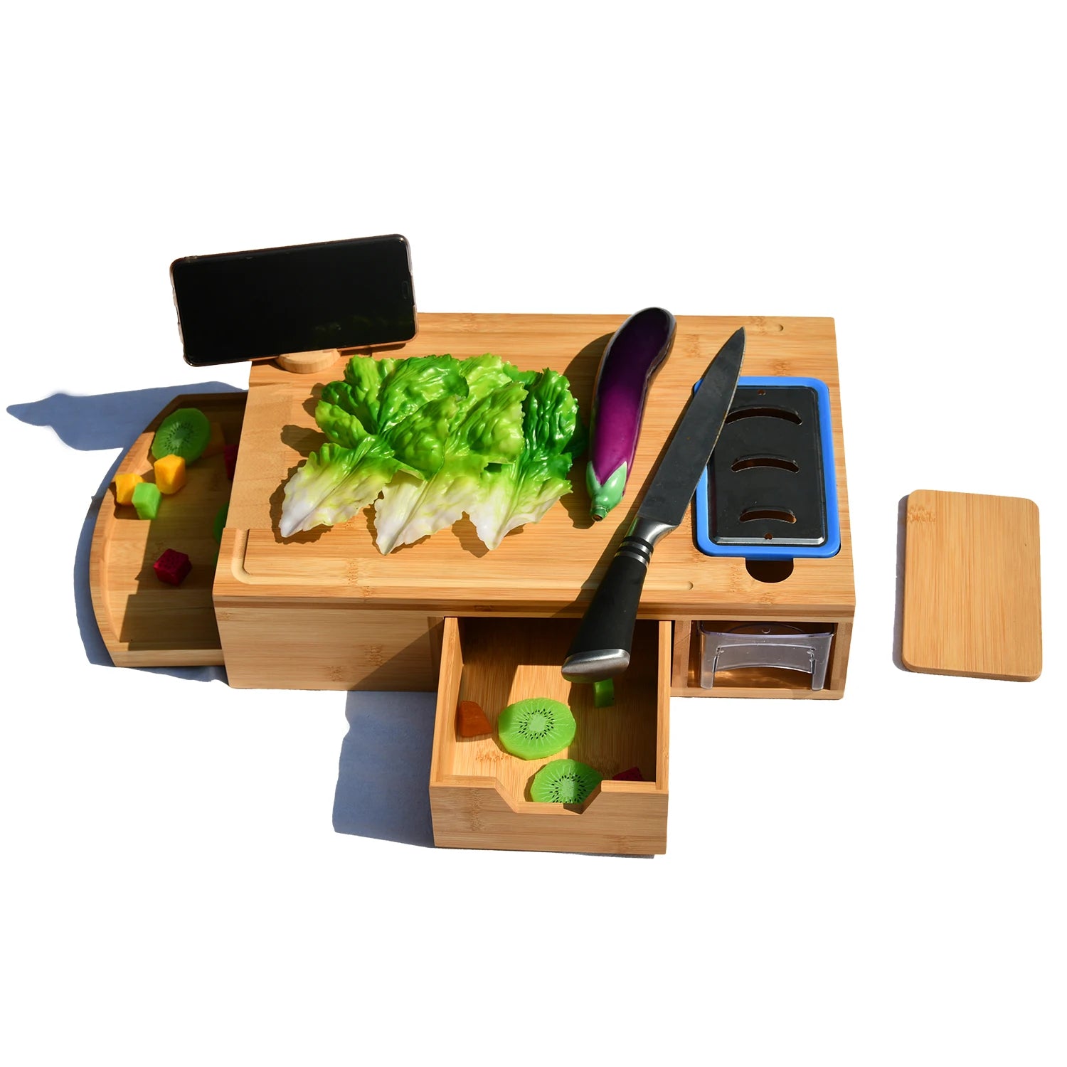 Multifunction Bamboo Wooden Cutting Board with Container Drawer & Phone Holder Chopping Board for Kitchen