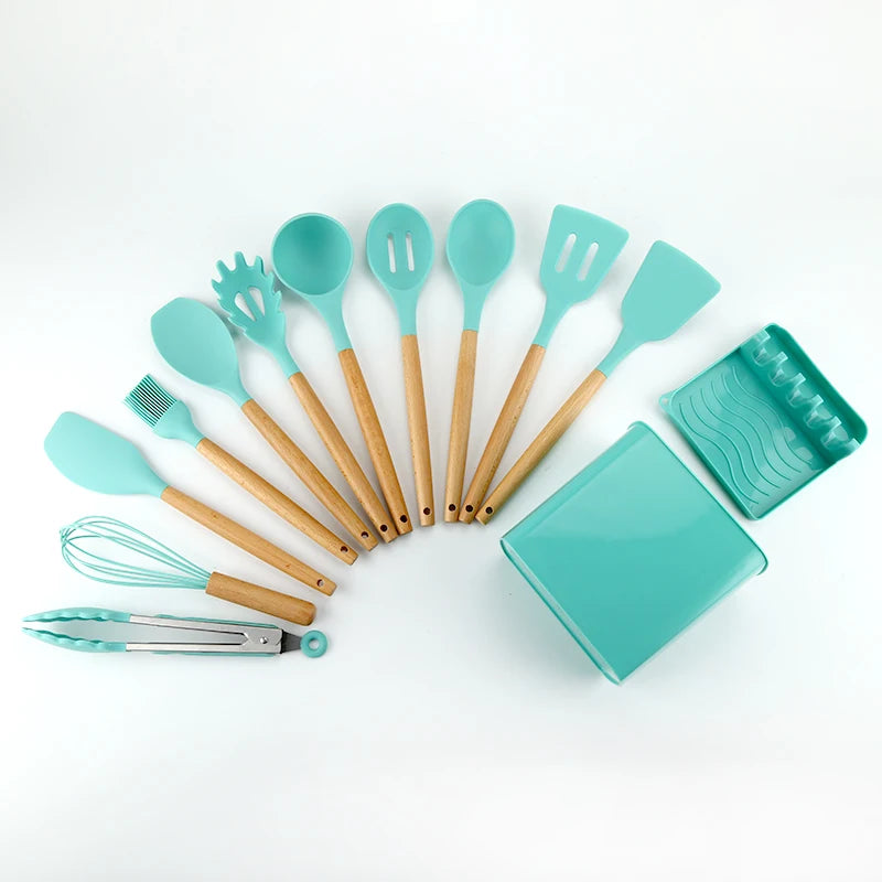 Non Stick Cooking Tools 13 Piece Set Silicone Kitchenware Set Wooden Handle with Storage Bucket