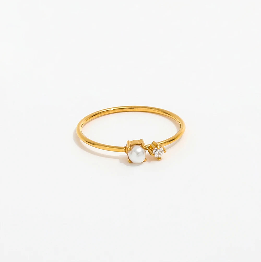 High End 18K PVD Gold Plated Imitation Pearl Dainty Zirconia Rings Stainless Steel Women Rings Tarnish Free Fashion Jewelry