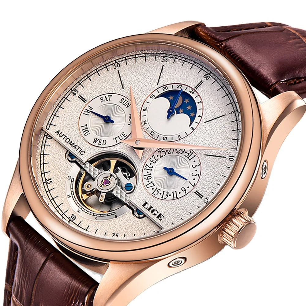 LIGE 6826 Mechanical Watch Luxury Tourbillon Automatic Watches Men Wrist Simple Leather Gift Wristwatches Relogio Masculino