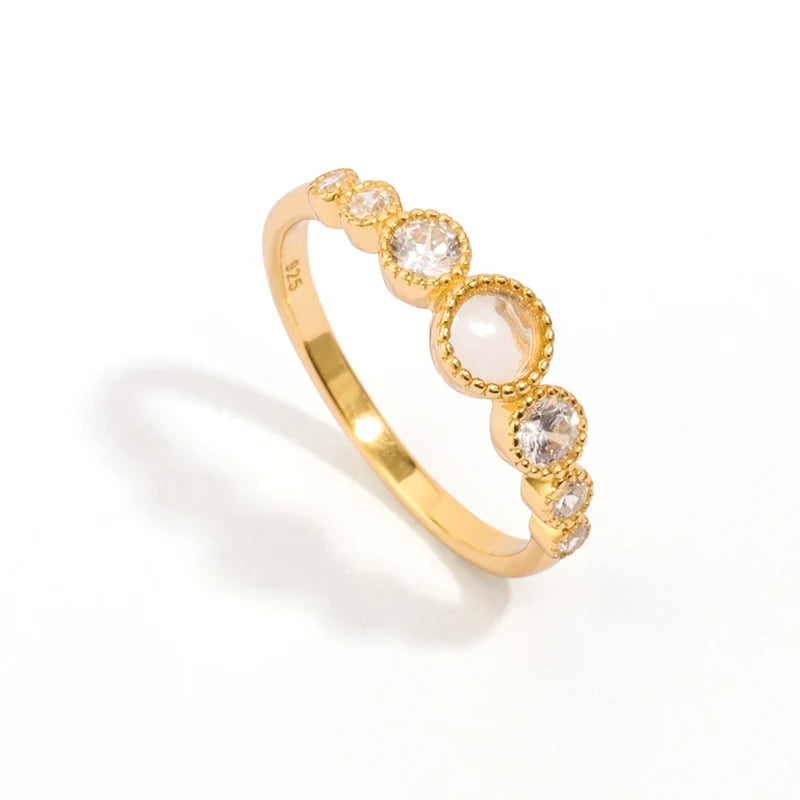 Fine Jewelry 925 Sterling Silver Natural Gemstone Gold Plated Authentic Bezel Setting Moonstone Queen Ring for Gift