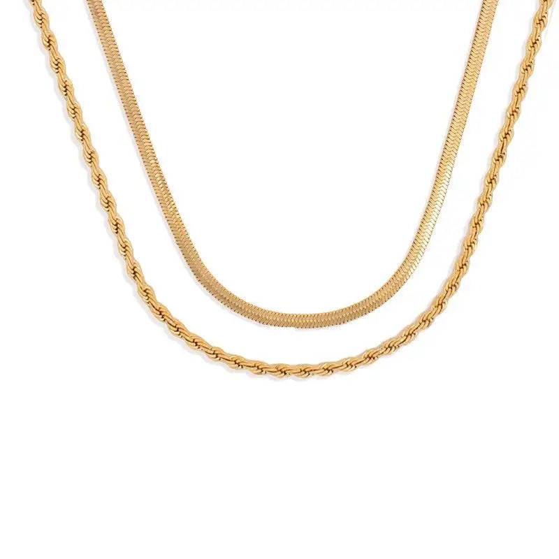 18K Gold Rope Chain Necklace with Double Layers Stainless Steel Snake Herringbone Choker Vintage Style Zircon Stone Gold Plated