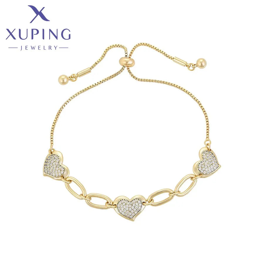 X000705211 Xuping Fashion Valentine's Day Gift Box Chain 14k Gold Plated Iced Out Heart Charm Women Bracelet