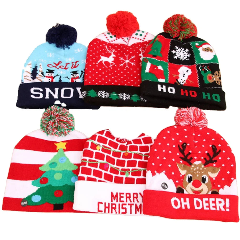 Christmas Party Decoration Led Beanies Santa Claus Hat Light-Up Warm Knitted Santa Claus Cap Adult Xmas Hats With Led Light