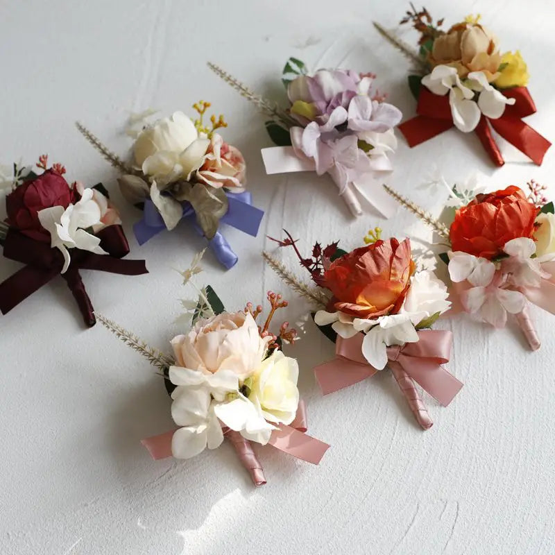 V616 Home Prom Rose Corsages Boutonniere Set Wrist Flower Artificial Flowers for Party Ball Dancing Wedding with Lace Bow