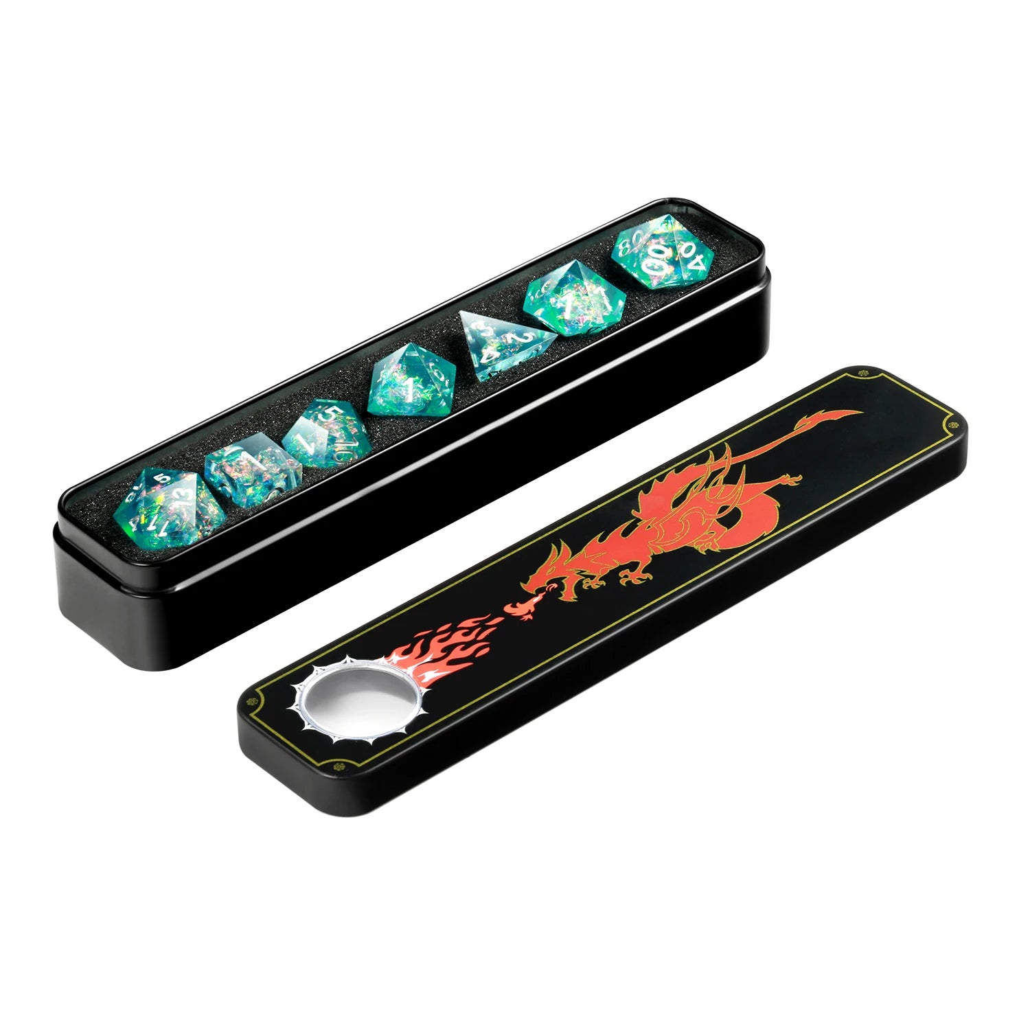 Custom Sharp Edge Green and Blue Resin DND Dice Set 7PCS Polyhedral with Metal Case for Roleplaying Games Dungeons and Dragons
