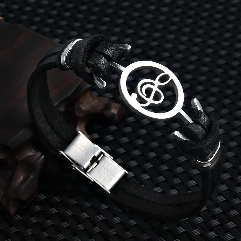 New Stainless Steel Fashion Silver Gold Gray Musical Notation Jewelry Bracelet Leather Bracelet  Gift for Couple