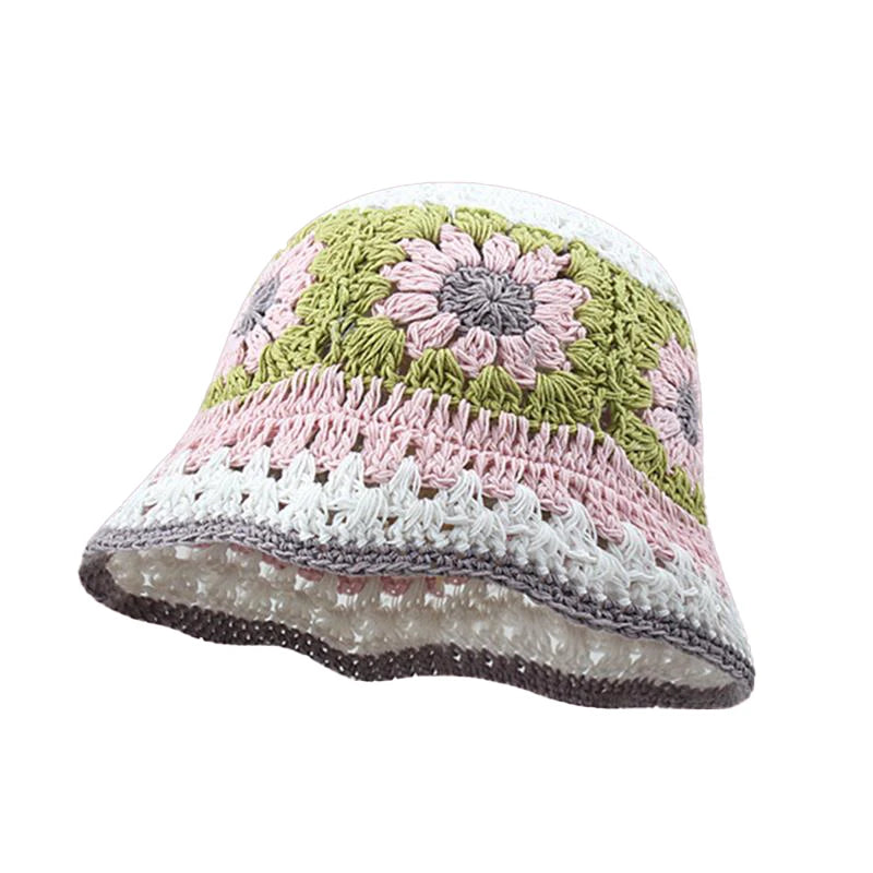 Sweet Cute Forest Color Flowers Handmade Crochet Hollow Fisherman Knit Warm Bucket Hat