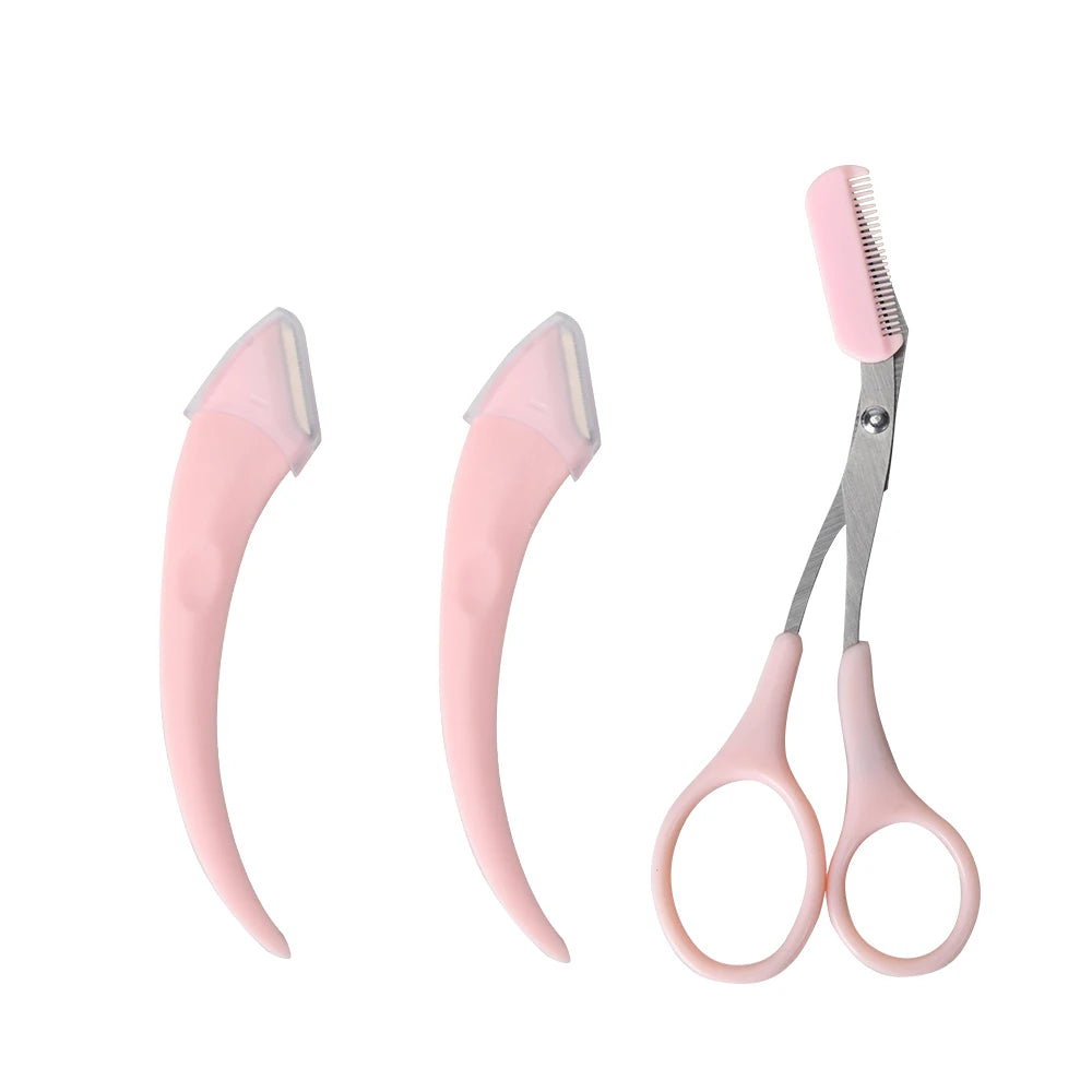 HONGSTARS 3 in 1 Stainless Steel Curved Eyebrow Trimmer Set Razor Scissors Comb-Portable Pink/White Beauty Tool for Beginners