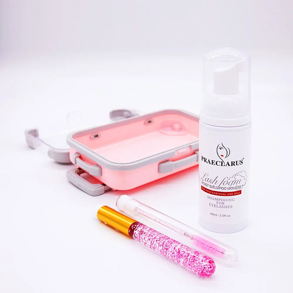 Natural Gentle Lash Cleansing Foam 60ML Eyelash Wash Shampoo Set 3-in-1 Kit with Suitcase Box for Eyelash Extension Tool