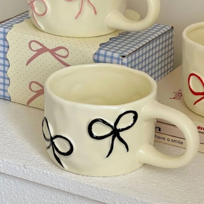 Korea Embossed Bow Ceramic Coffee Mug Creative Water Cup with Heart for Girls for Presents