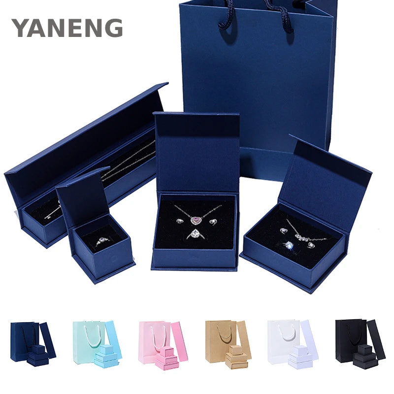 Luxury Jewelry Boxes Navy Blue Basic Paper Custom logo Simple White Brown High Quality Cardboard Jewelry Box with Paper Bag Set