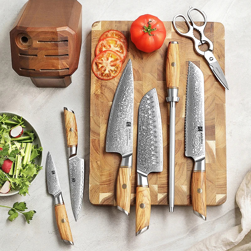 Hot Sale 8 Pcs Knife Set Luxury Custom Damascus Powder Steel Olive Wood Kitchen Chef Knives Sharpener Scissors Block Holder