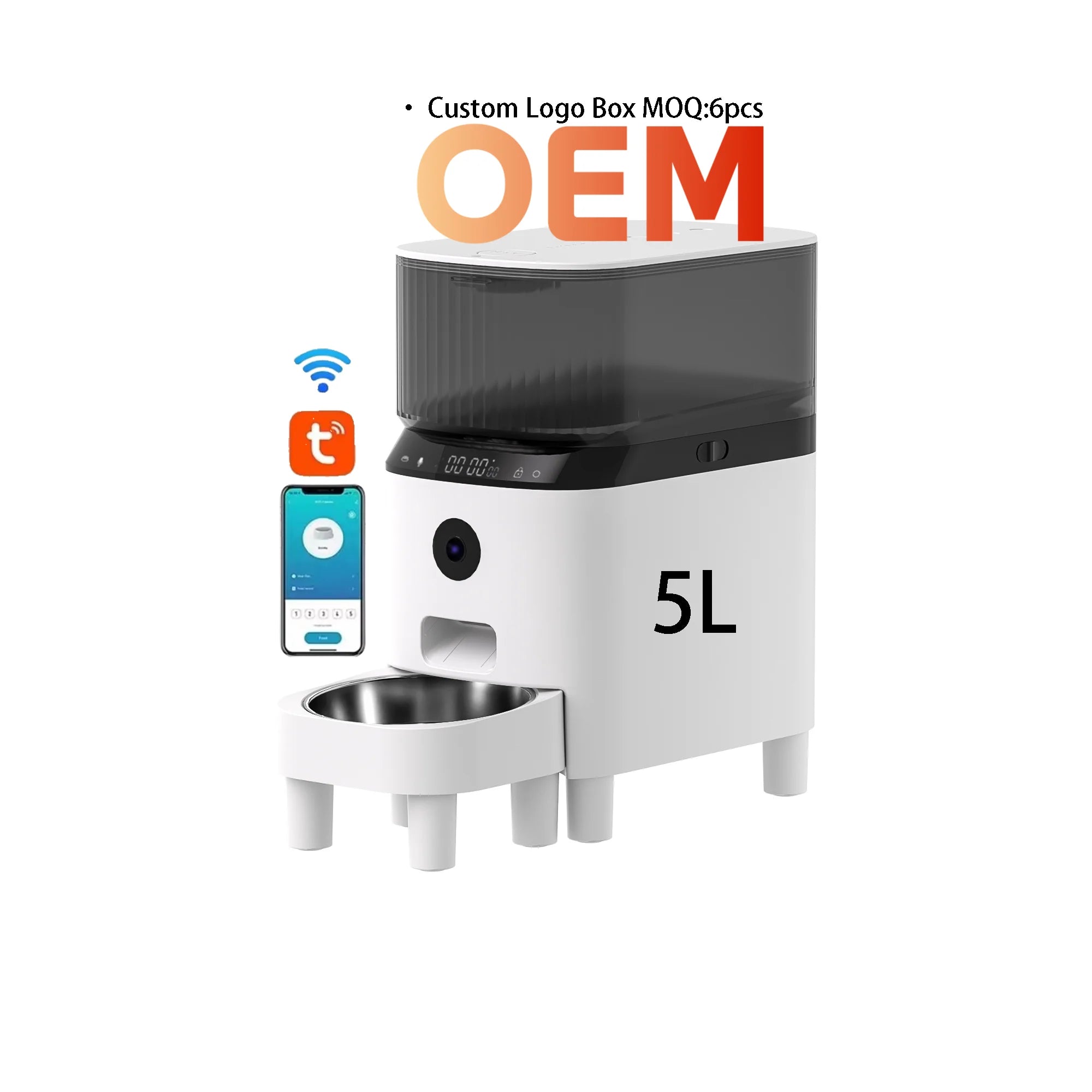 Tuya Pet Feeder Automatic Wifi 5L Dog Feeder Plastic ABS and 304 Stainless Steel Eco-Friendly Logo Color Box