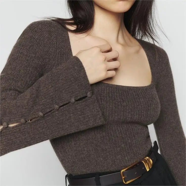 2026 Manufacturer Custom Ladies Long Sleeve Ribbed Knit Cashmere Blend Novelty UK Square Collar Sweater Women