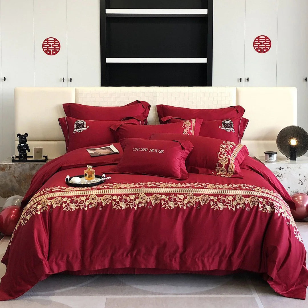 Wholesale Light Luxury Senior Style king Size Red Romance Wedding Duvet Cover Egypt Cotton Embroidery Bedsheets Bedding Set