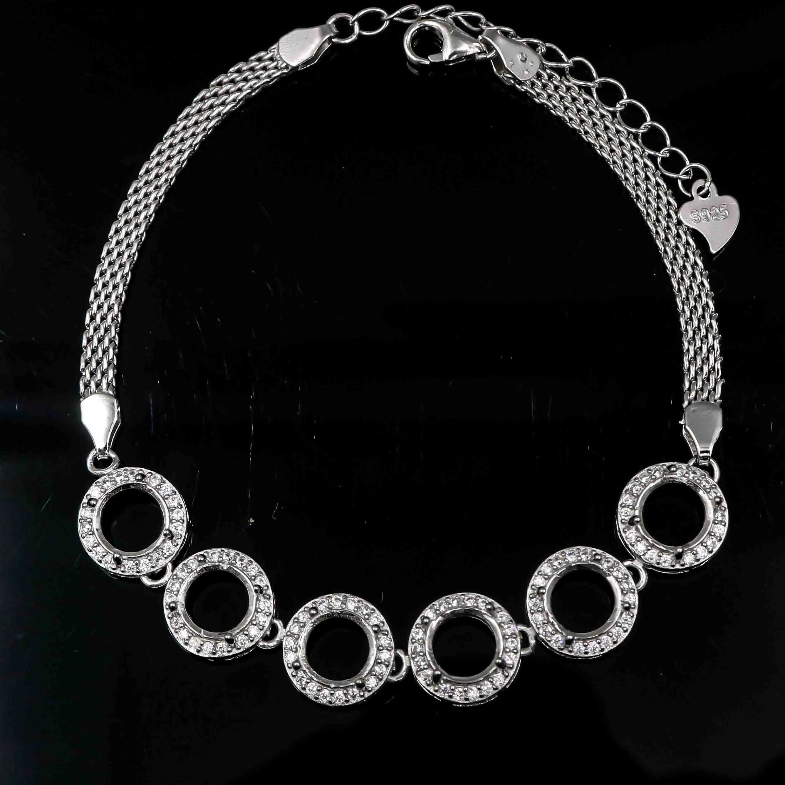 Sterling Silver 6*6mm Semi Mount Bracelet Empty Support Blank Claws Setting S925 Base Holder Without Center Stone Inlay for DIY