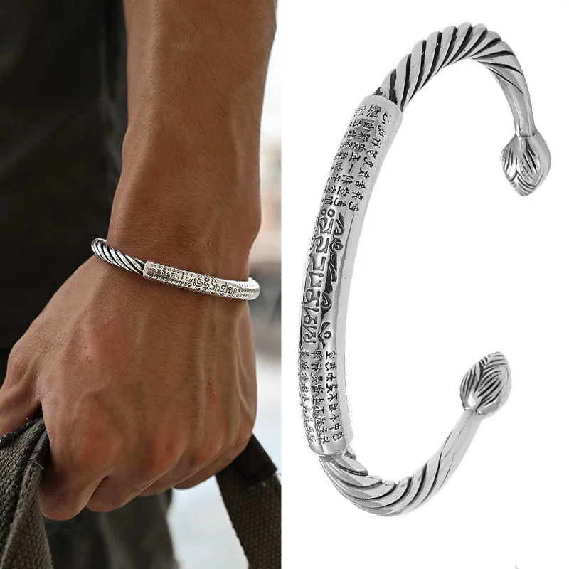 Lateefah OEM Men Women Vintage Six-Character Mantra Open Alloy Bangle Silver Cuff Heart Sutra Men Bracelet