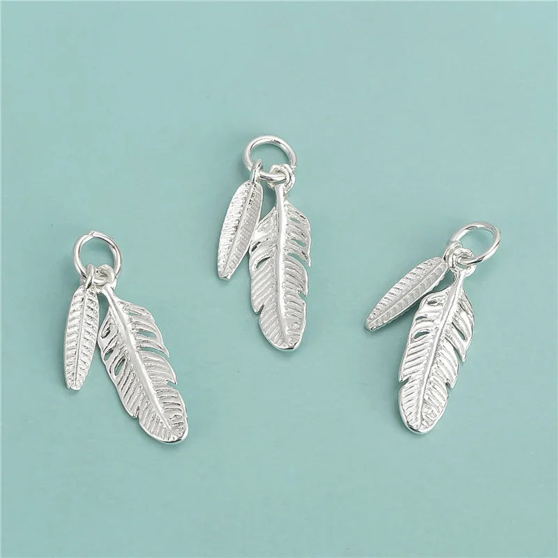 Dainty 925 Sterling Silver Beautiful Double Feather Pendant Charm for Diy Bracelet Necklaces Jewelry Making