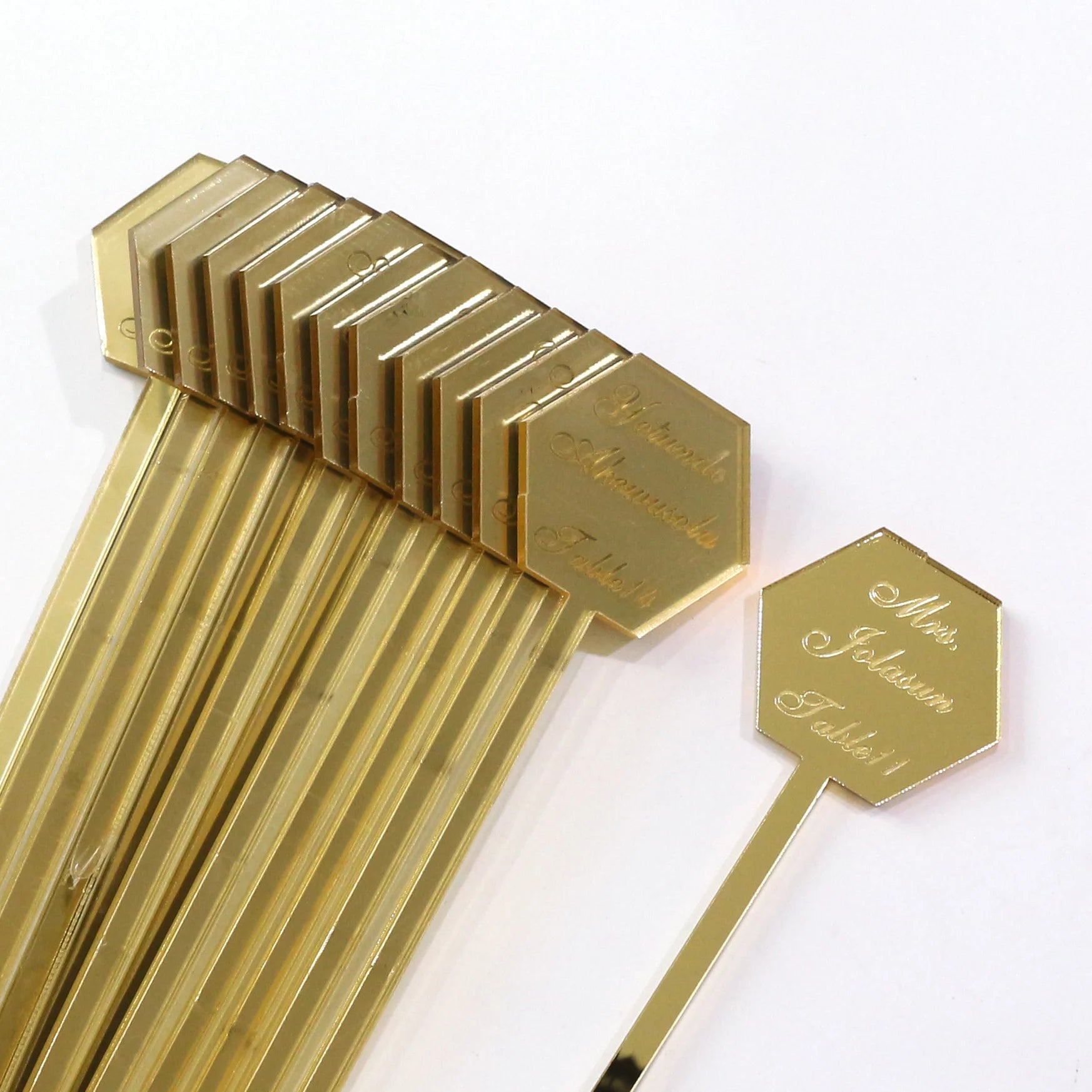 Engraved Different Names on Gold Mirror Acrylic Drink Stirrers and Cocktail Swizzle Sticks and Escort Place Cards Customized