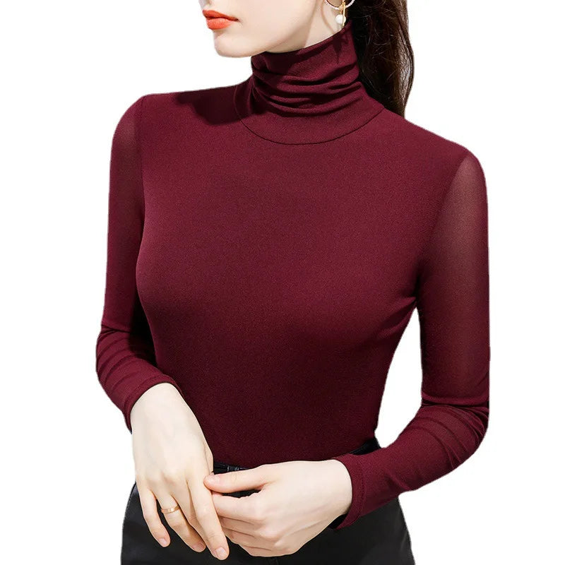 2025 European Style High Collar Mesh Bottoming Women's Fleece-Lined Thickened Warm Long-Sleeved Elastic Top Knitted Inner Style
