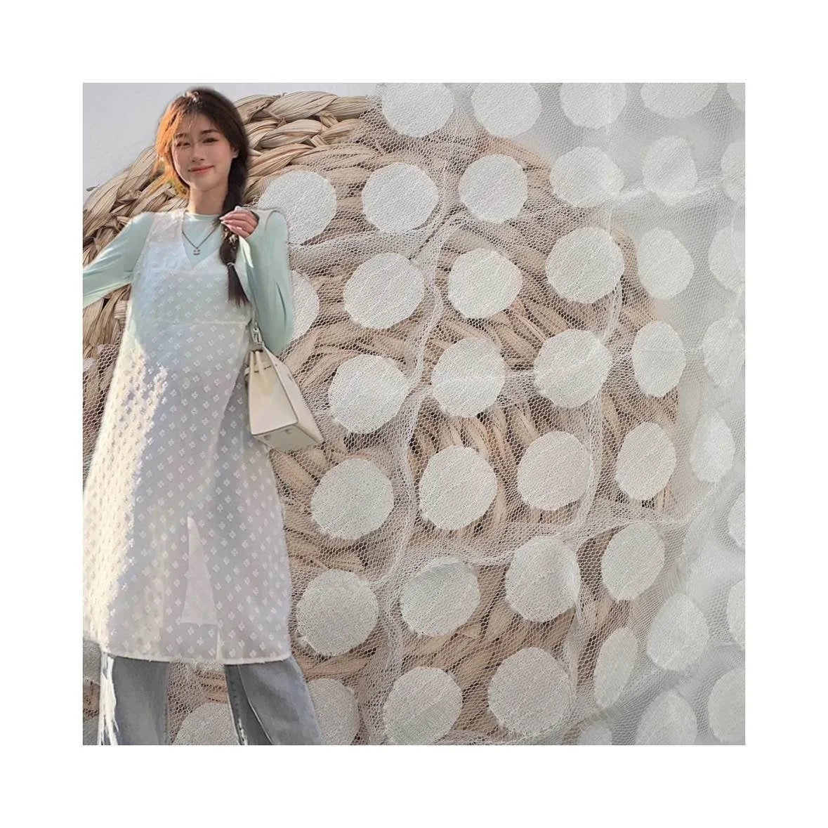 Manufacture 2024 3D Dress Fabric100% Nylon White 3D Polka Dot Fabric Mesh  Lace Embroidery Fabric