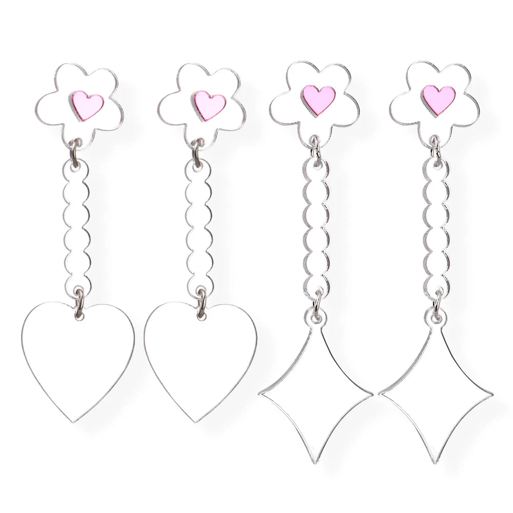 Popular Korean Cute Girls Dating Flower Geometry Silver Mirror Acrylic Earrings Fashion Jewelry