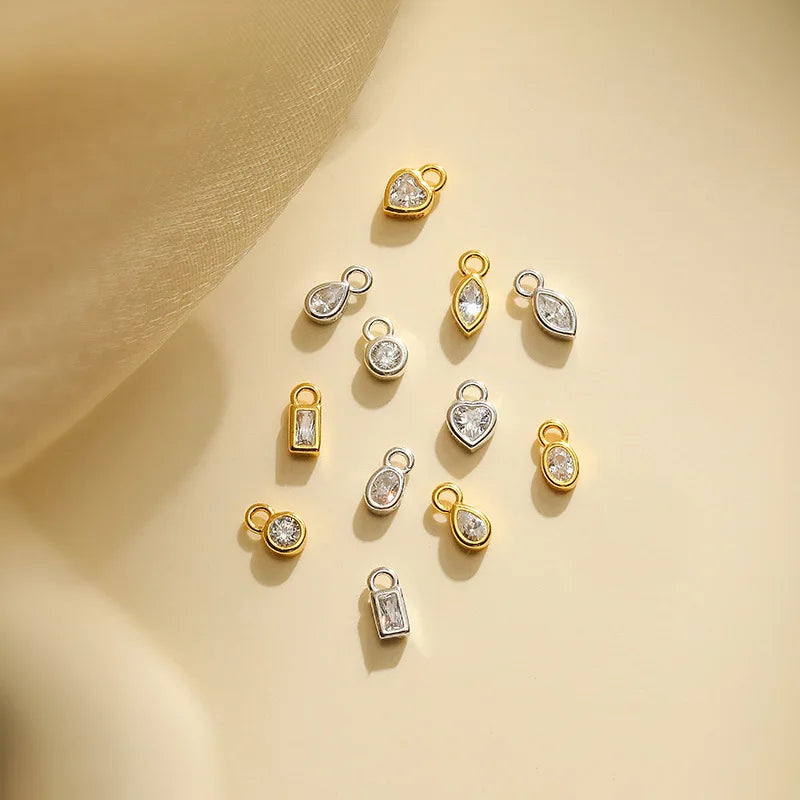 Fine 925 Sterling Silver 18K Gold Plated Drop Heart Oval Square Eye Round Zircon Charm for Jewelry Accessories