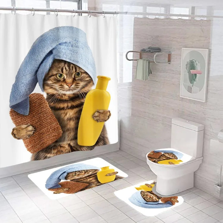 XinLan Customized Bathroom Curtain Colorful Funny Polyester Cat Shower Curtain and Bath Mat
