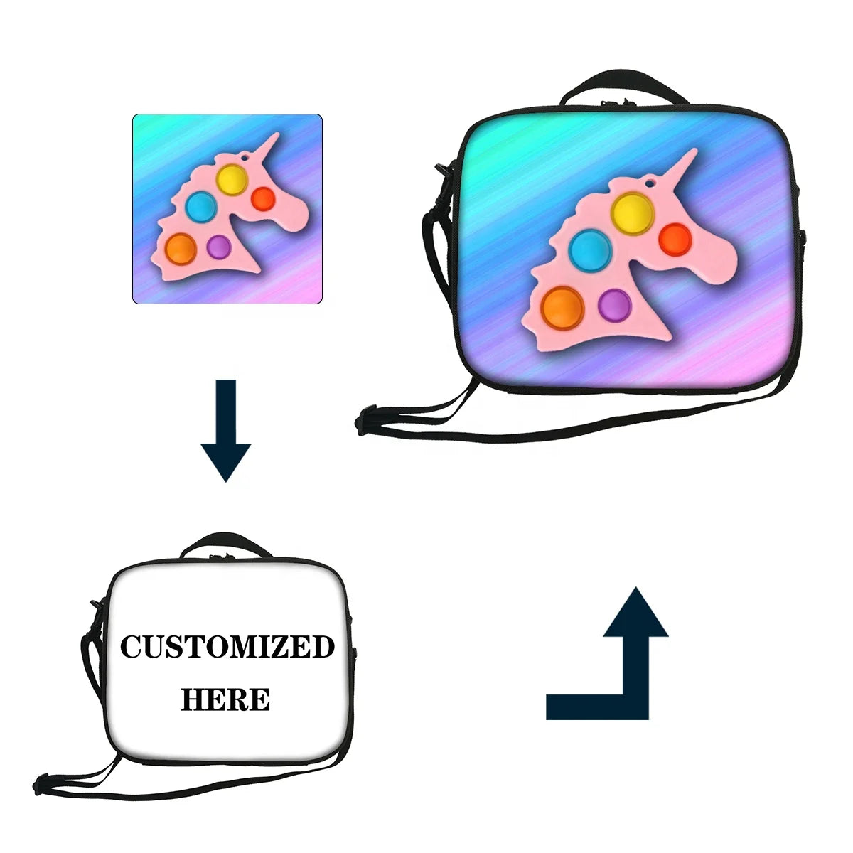 Designer Custom Insulated Lunch Bag with Cartoon Sublimation Zipper and Removable Shoulder Straps for Kids Food Packing