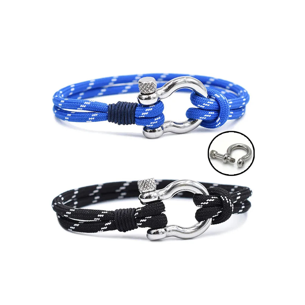 Fashion Braided Nylon Rope Bracelet Men Stainless Steel Buckle Cuff Anchor Shackles Surf Wristband Waterproof Jewelry Rhodium
