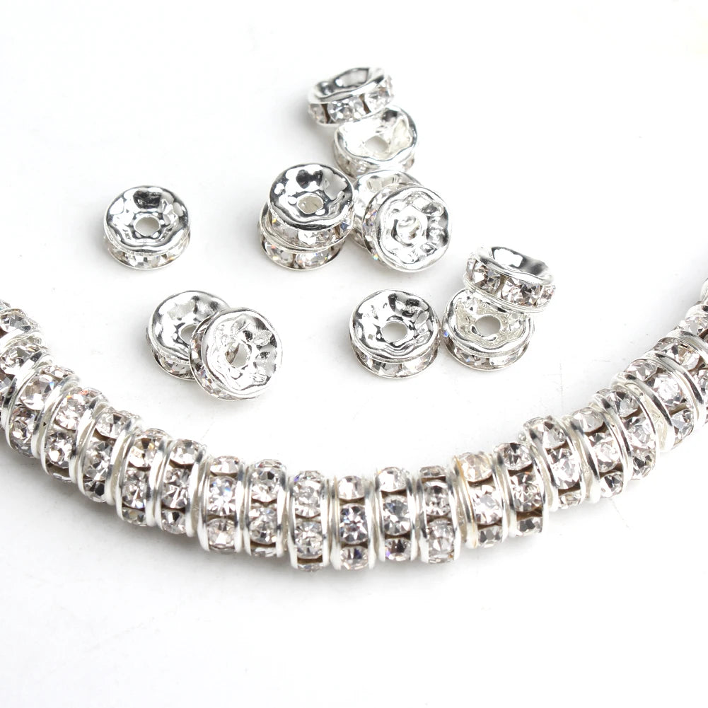 4/6/8mm White Copper Metal Crystal Rhinestone Rondelle Spacer Loose Beads for DIY Jewelry Making