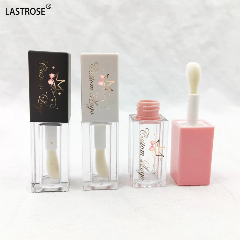 Cute Unique Pink White Cap Empty Square Shape Tube for Makeup Lip Gloss Private Label Plastic Containers Bottle With Big Wand