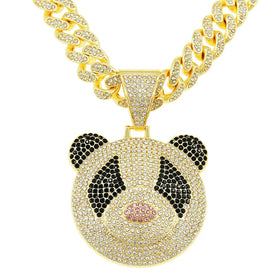 DUYIZHAO Iced Out Hip Hop Large Stereo Black White Cute Panda Pendant Miami Cuban Link Chain Necklace for Men Women Gift