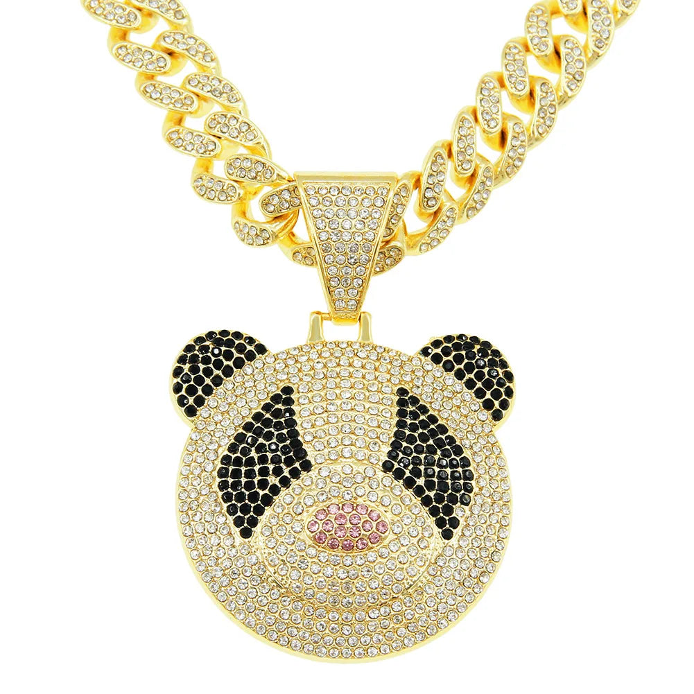DUYIZHAO Iced Out Hip Hop Large Stereo Black White Cute Panda Pendant Miami Cuban Link Chain Necklace for Men Women Gift