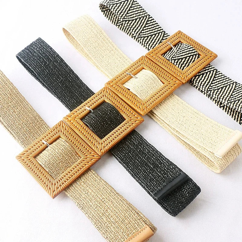 Women's Retro Minimalist Woven Elastic Waistband Wide Fabric Belt with Excellent Comfort Accessory