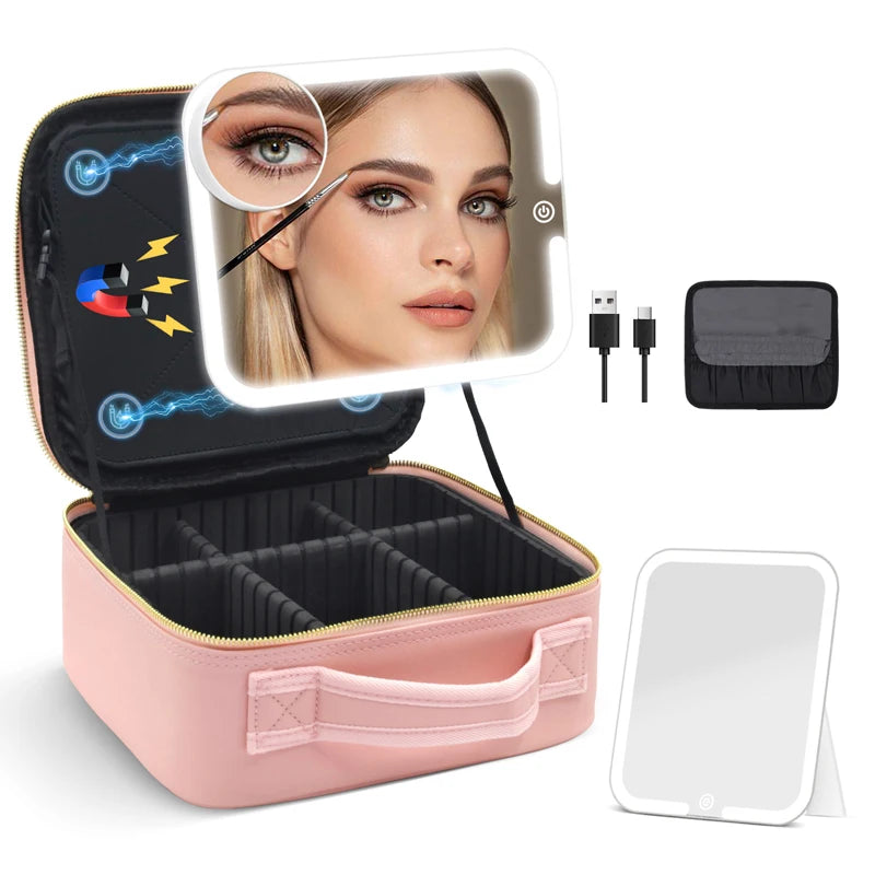 Portable Travel Makeup Bag with LED Light-Up Mirror Adjustable Dividers Zipper Closure PU Cosmetic Toiletries Brushes Case