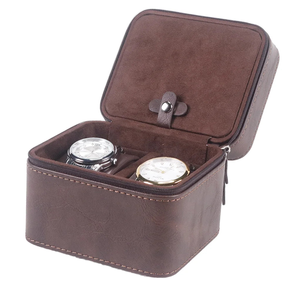 Modern Custom Logo Protective 2-Slot Brown PU Leather Watch Case & Organizer with Travel Case