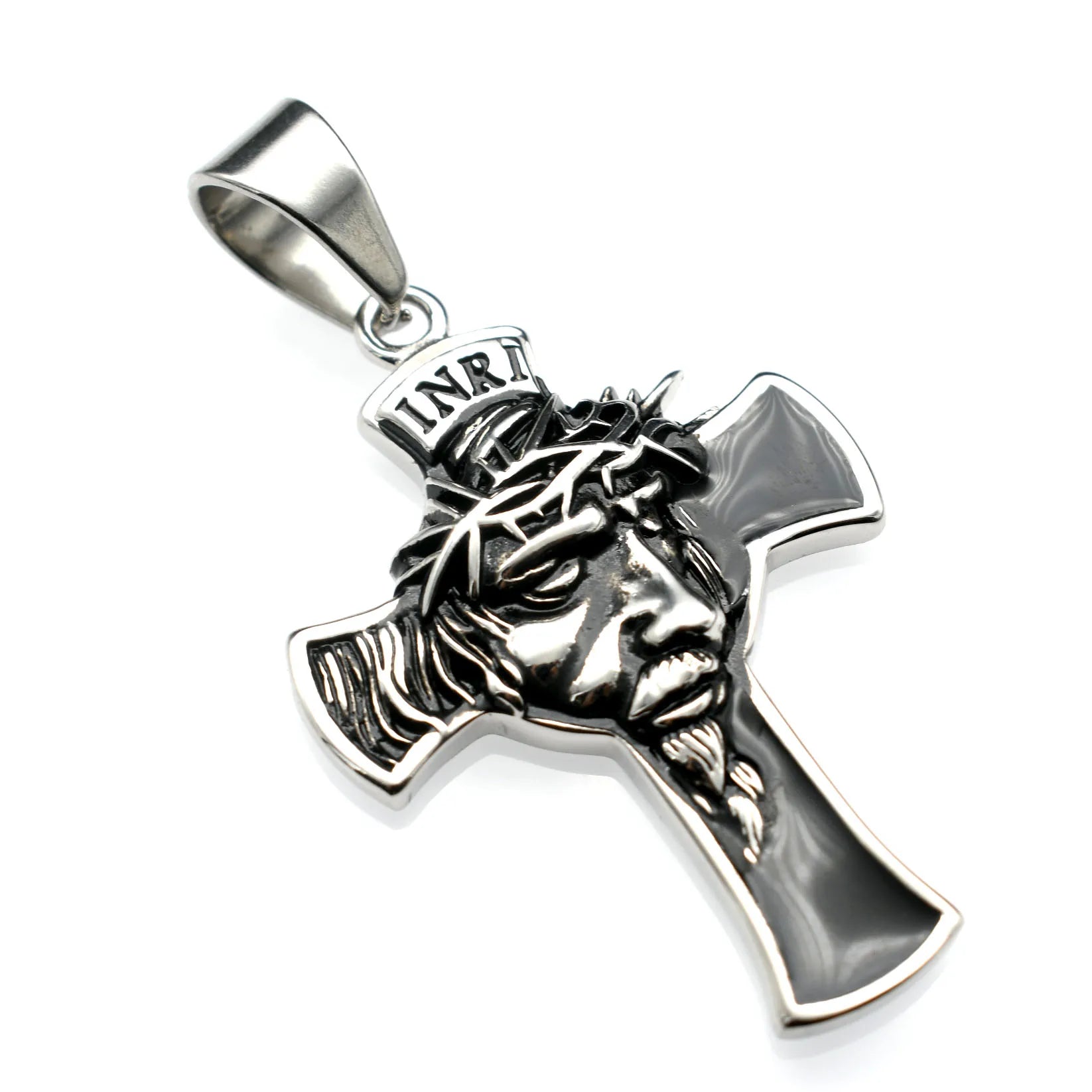 Punk Style Antique Making Stainless Steel Human Faces Cross Pendant 2mm Pearl Chain Necklace for Men