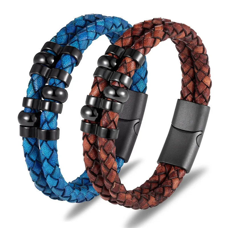 Vintage Mens Genuine Leather Bracelets Jewelry PVD Black Stainless Steel Magnetic Clasp Leather Bracelet for Men