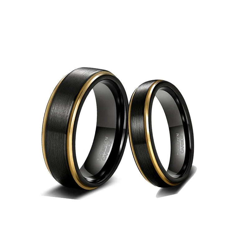 POYA Wholesale Two Tones 5mm 6mm 8mm Black Gold Line Tungsten Ring Set Wedding Band for Men Women