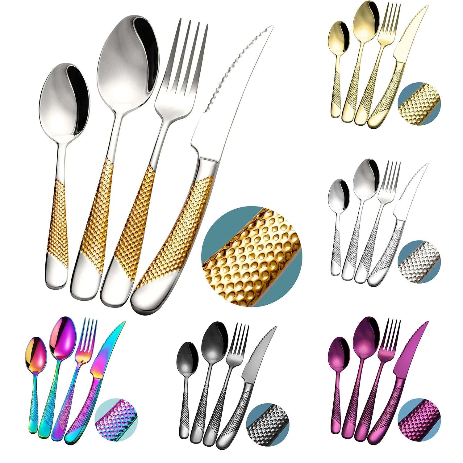 Luxury Hammered Stainless Steel Flatware Set with Gold Plating Mirror Polished Cutlery for E-commerce