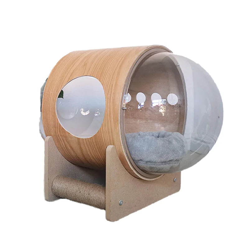 All Seasons Indoor Solid Wood Pet Furniture Space Capsule Cat Bed with Transparent Design Comfortable Leather Kittens Dogs House