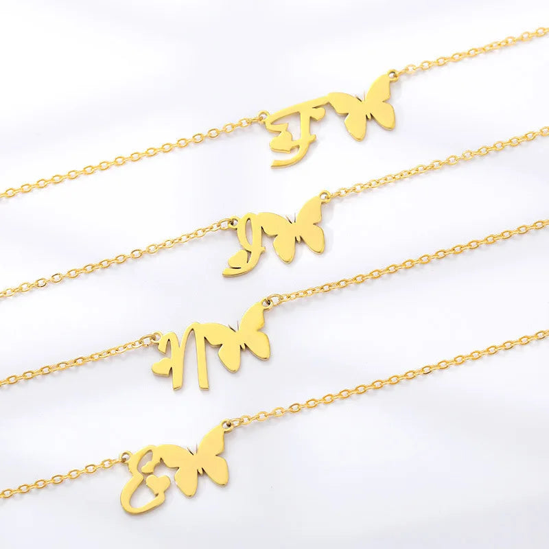 NEWNORTH 26 Love Letter Necklace Stainless Steel Jewelry Gold Plated Heart Butterfly Initial Letter Pendant Necklaces for Women