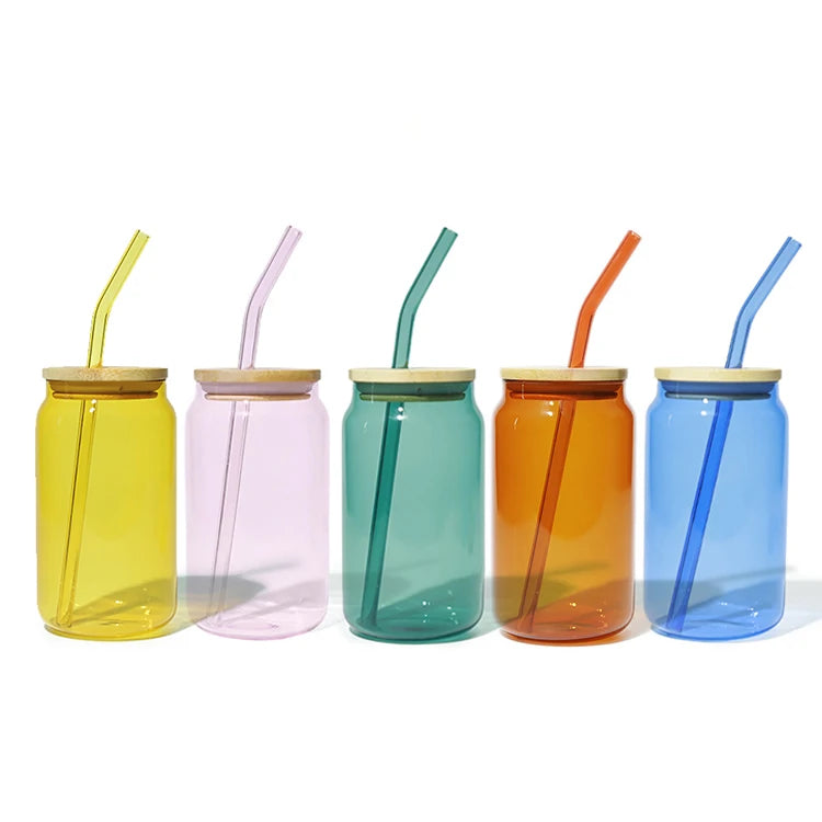 Wholesale Custom 12oz 16oz Can Shaped Tumbler Sublimation Glass Coffee Mug Beer Glass Cup With Bamboo Lid and Glass Straw