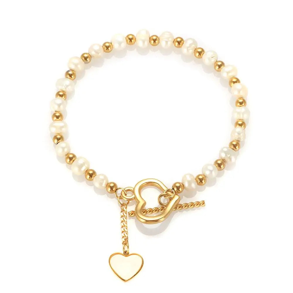 MSX Chinese Style New Gold Plated Pearl Heart Bracelet Fresh Pearl Bracelets for Women