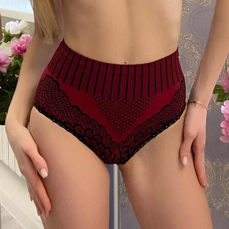 Women's Lace Underwear Large Size High Waist Special Pattern Panties Belly Control Butt Lift Ladies Briefs
